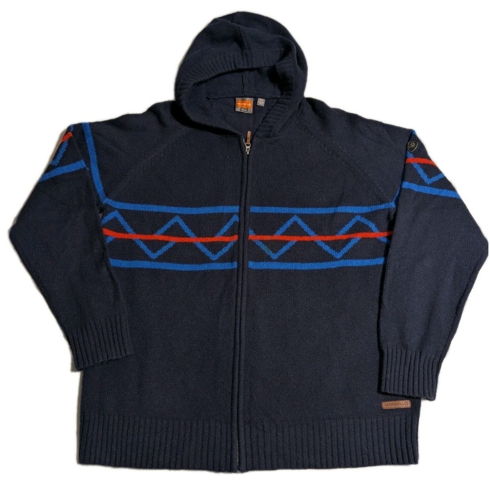 Merrell Wool Blend Hooded Sweater‎ Jacket Mens XXL Full Zip Geometric Pattern